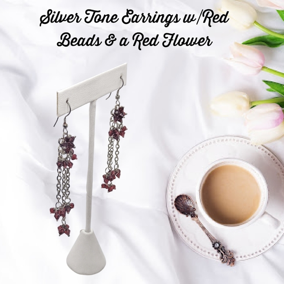 👣4/$20. Silver Tone Earrings w/Red Beads & a Red Flower - Picture 4 of 5